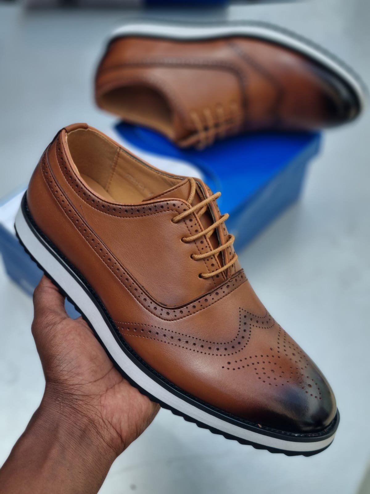 Classic Tan Wingtip Derby Shoes With Contrast Sole
